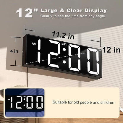 JALL 12" Large Digital Wall Clock, Big LED Number Dispaly, RGB Colors, DST, Night Light for Classroom Living Room Bedroom Mounted Birthday Xmas Gift for Senior, Mem Womem (White Font, 12 inches)