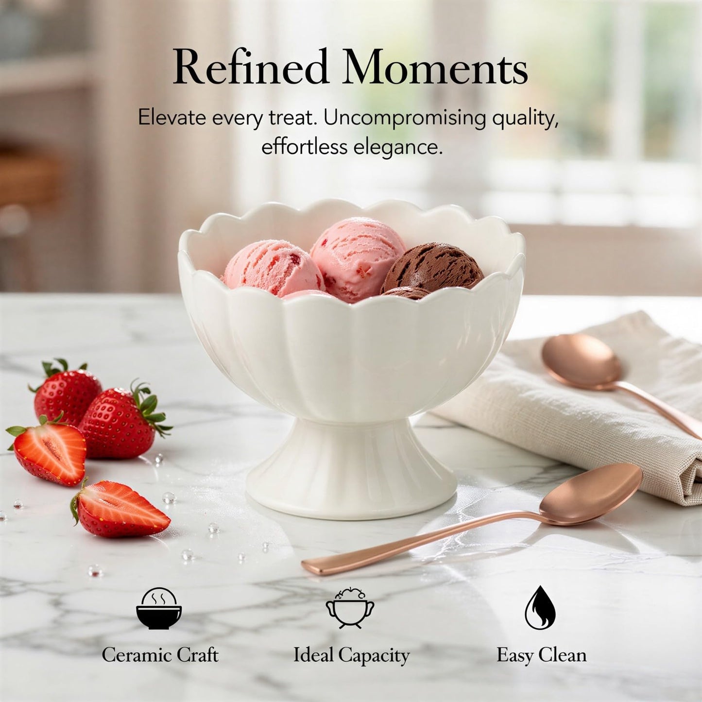 4 Pcs Ceramic Dessert Bowls Set, Elegant Scalloped Rim Pedestal Cups with 4 Spoons, 6.76 fl oz Small Dessert Bowls, Smooth Finish, Easy Clean, 4.5 x 3.5 in for Ice Cream, Snacks, Puddings, White