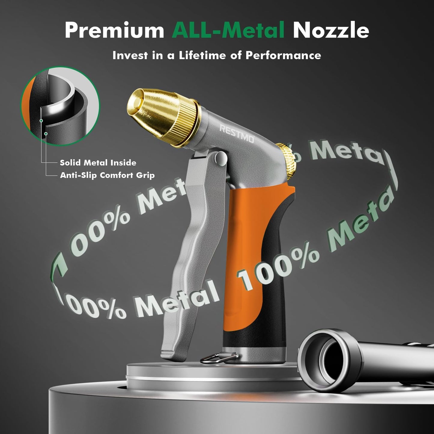 RESTMO Heavy Duty Metal Water Hose Nozzle, High Pressure Garden Hose Nozzle, Hose Sprayer Nozzle with Adjustable Spray Patterns for Garden Watering, Car Washing, Patio and Pet, Orange