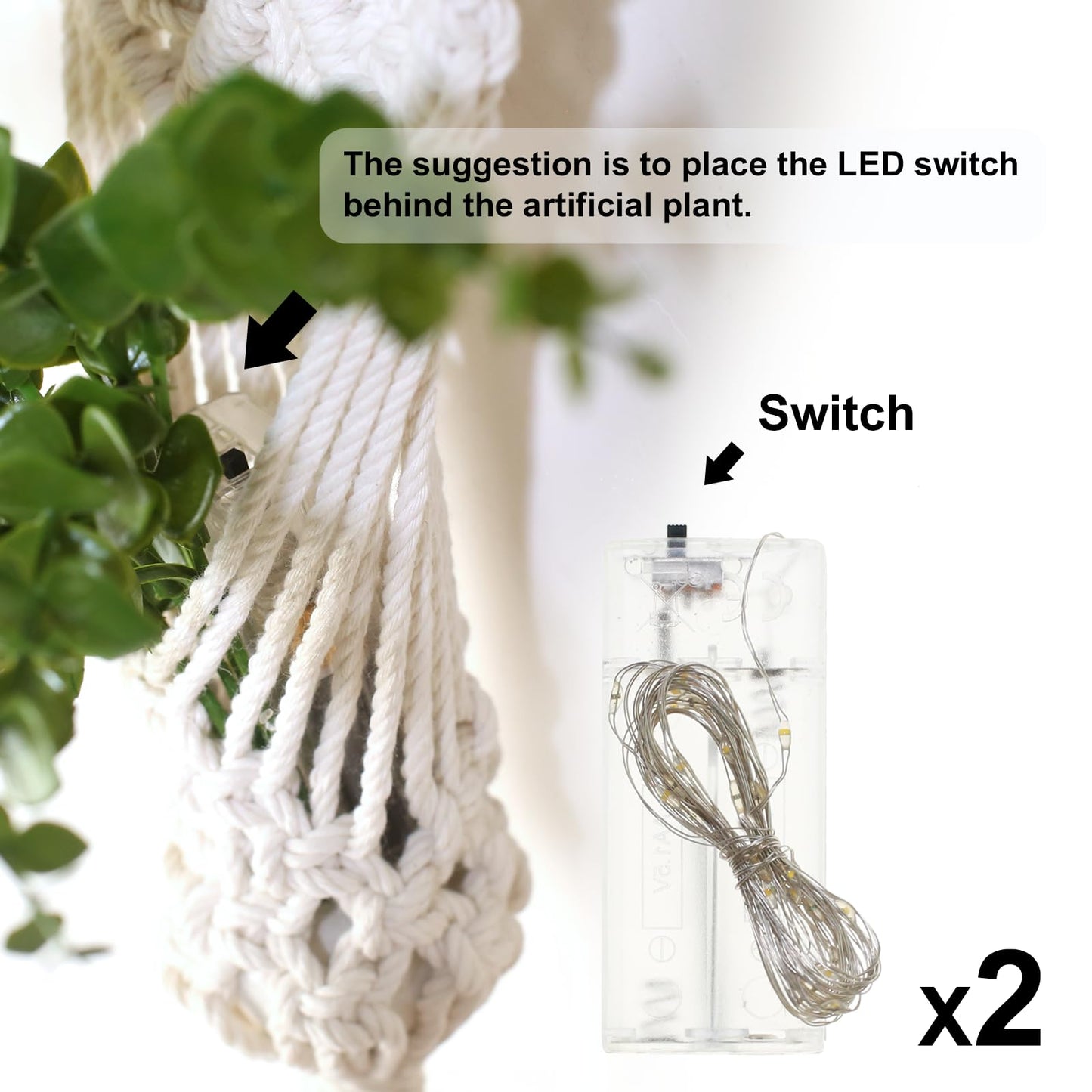 UBOSU Macrame Wall Hanging Plants with LED Lights, White Cotton Rope, Wooden Dowel, Boho Woven Plant Holders with Artificial Eucalyptus Leaves, wall Decor, Set of 2 (Green)