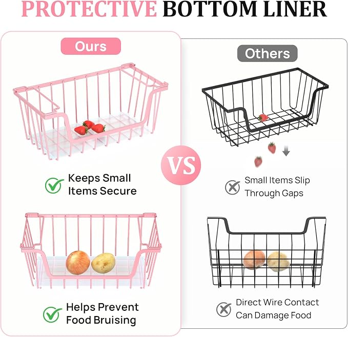 SUNALLY Stackable Storage Bins 6 Pcs Wire Baskets for Pantry Organizers and Storage, Vegetable Fruit Storage Basket for Countertop Organizer,Kitchen Storage Baskets for Onion Potato Snack,Pink