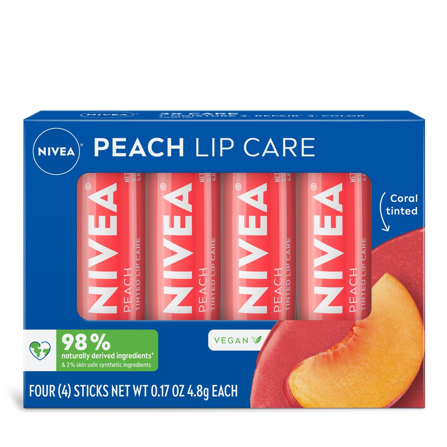 NIVEA Lip Care, Fruity Tinted Lip Balm Variety Pack, Cherry, Strawberry, Blackberry and Watermelon Flavors, 3-in-1 Moisture, Repair and Color, 0.17 Oz Stick, Pack of 4