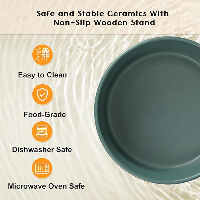 SPUNKYJUNKY Ceramic Elevated Dog Bowls 2 Pack - 6.1inch Raised Dog Bowls with Non-Slip Wooden Stand for Medium Dogs Dishwasher Safe(Green,28.7OZ*2)