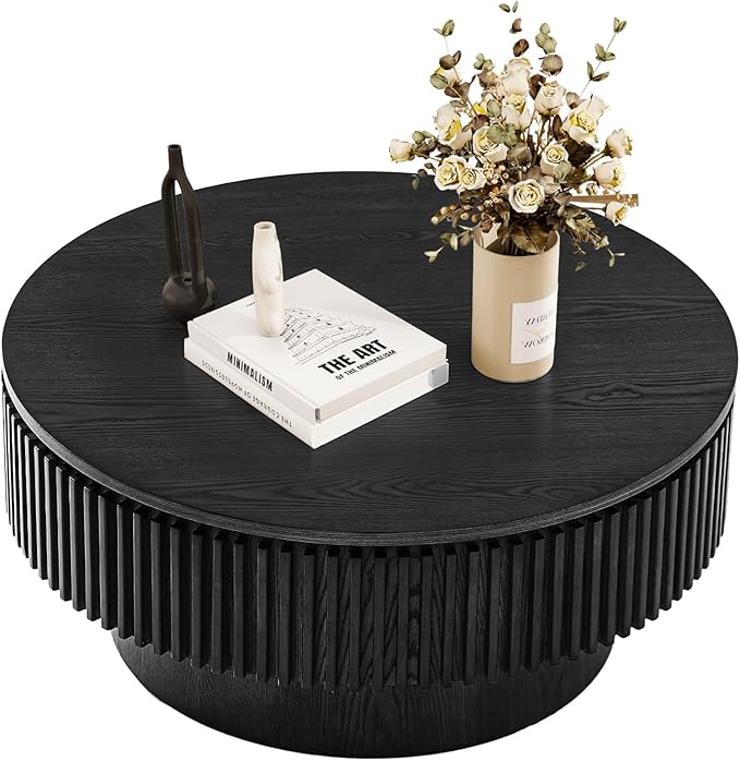 Round Coffee Table for Living Room, Fluted Drum Accent Tea Center Table