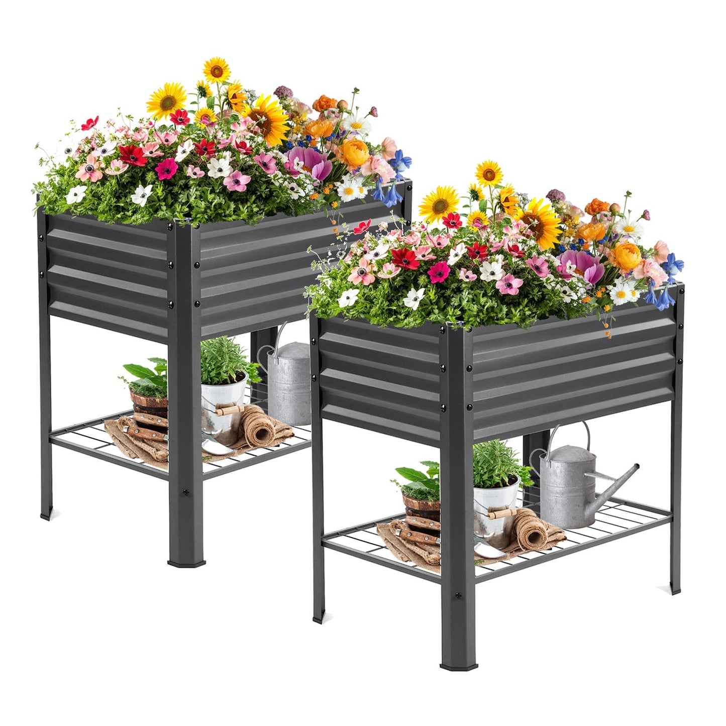 Veezyo Raised Garden Bed with Legs and Shelf, 2pcs 32"x20"x31.5" Powder Coated Elevated Metal Planter with Legs for Outdoor Vegetables, Standing Raised Beds for Balcony, Patio, Lawn and Backyard