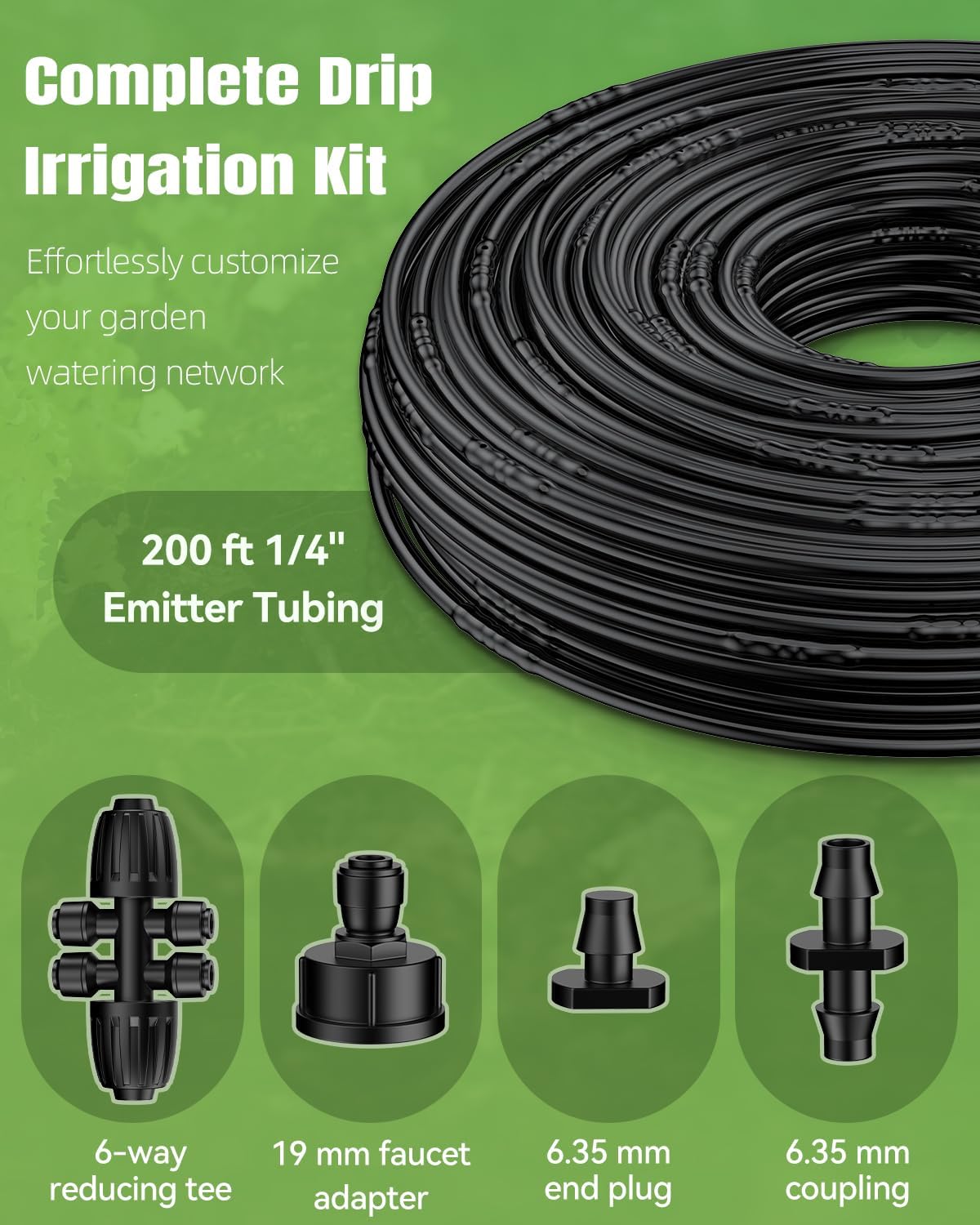 Pawfly 200 ft 1/4 Drip Irrigation Tubing, 1/4" Emitter Tubing with 6" Spacing, Polyethylene Drip Line with 24 Parts, Black Distribution Tubing for Drip Irrigation System, Drip Irrigation Hose Roll