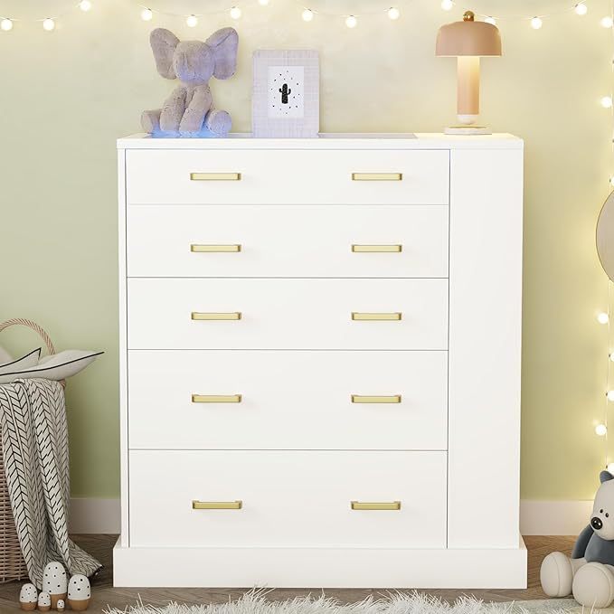 Drawer Dresser with LED Lights and Open Shelves, Modern Tall Chest of Drawers
