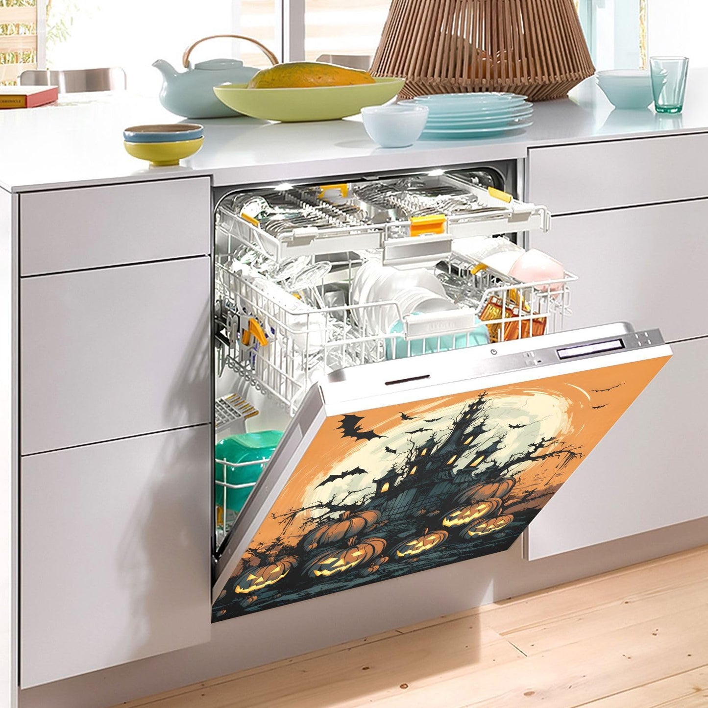 JIPONI Dishwasher Magnetic Cover Halloween Pumpkin Bat Dishwasher Magnetic Kitchen Art Decor, Dish Washer Magnet Sticker 23 W x 26 H Inch