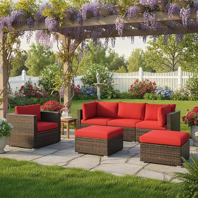 Tangkula 6 Pieces Wicker Patio Furniture Set, PE Rattan Outdoor Sectional