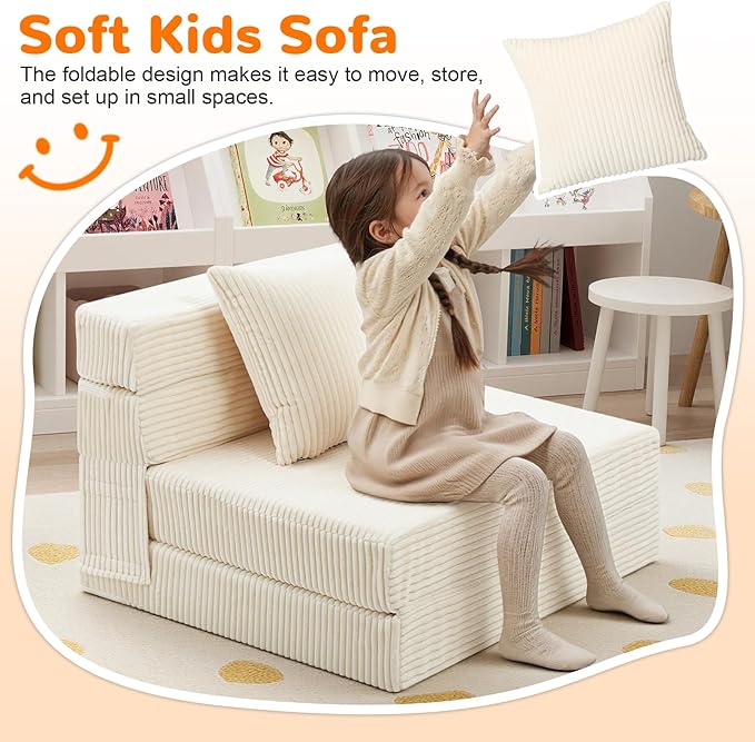 MeMoreCool Folding Sofa for Kids, Corduroy Fold Out Futon Chair, Small Foldable