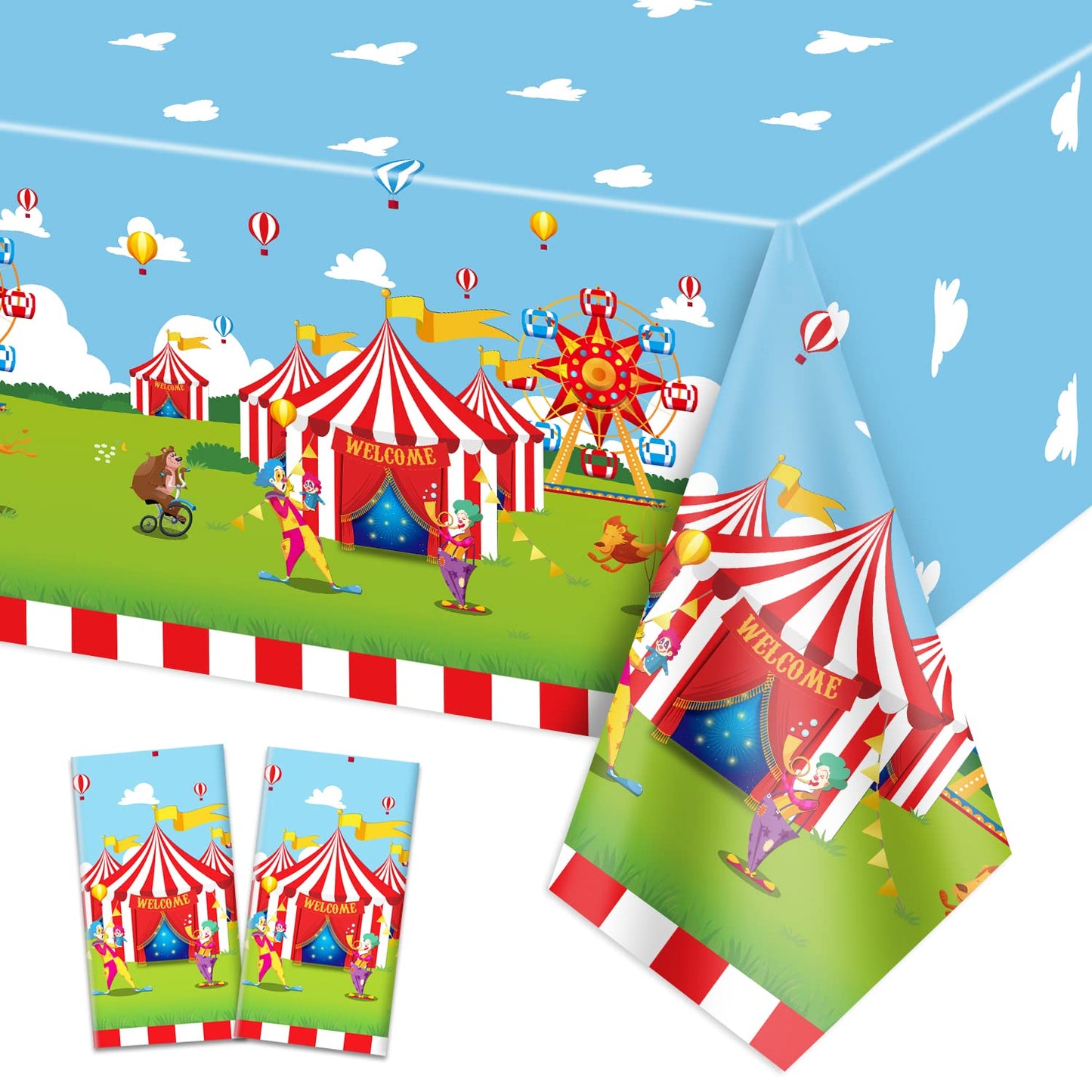 QUERICKY 2 Pack Circus Theme Tablecloths, 220x130cm Carnival Rectangle Table Cover, Red and White Striped Table Cloth for Kids Birthday Party, Circus Carnival Party Decorations Supplies