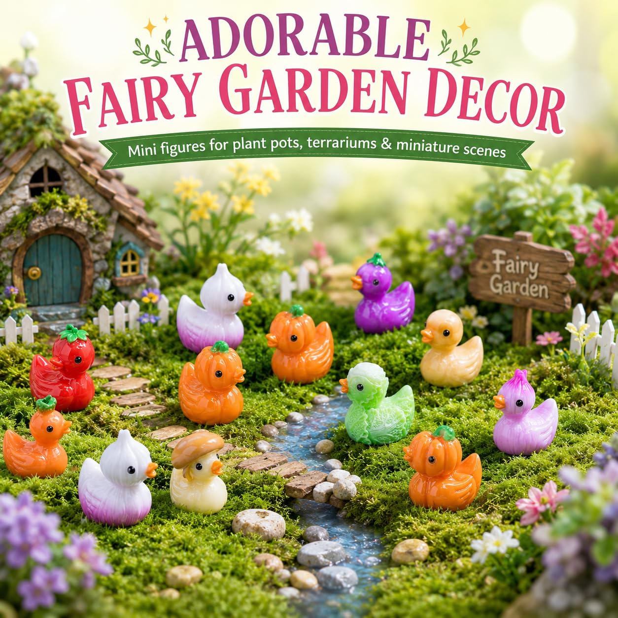 90Pcs Mini Resin Ducks Bulk, Vegetable Fruit Tiny Duck Figurines, Mushroom Pumpkin Strawberry Miniature Figures for Fairy Garden, Micro Landscape, Slime Charms, Cake Toppers, Small Prizes(DUCK)