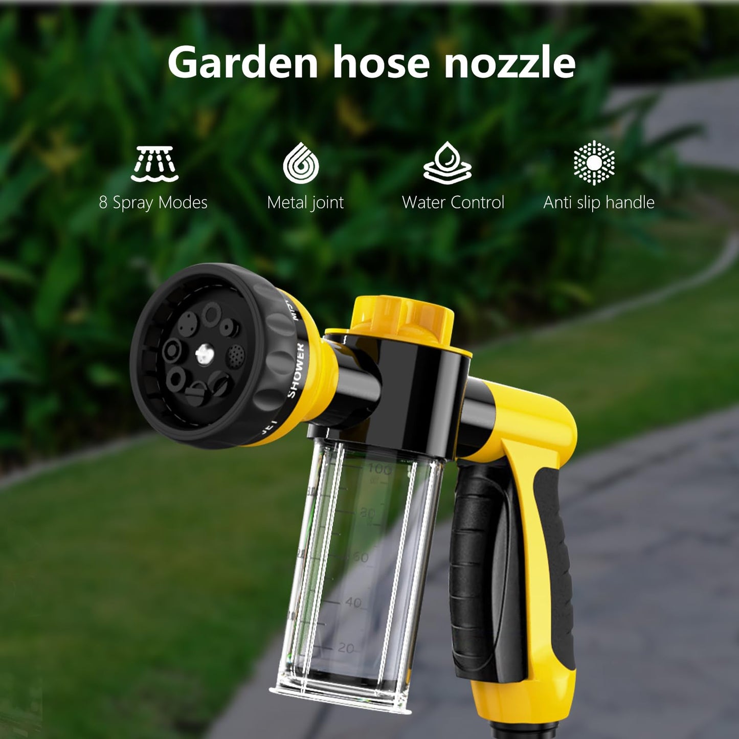 Garden Hose Nozzle, High Pressure Spray Gun Nozzle, 8 Spray Patterns for Watering Plants, Lawn, Patio, Cleaning, Showering Pet with 3.5oz/100cc Soap Dispenser Bottle (Orange)