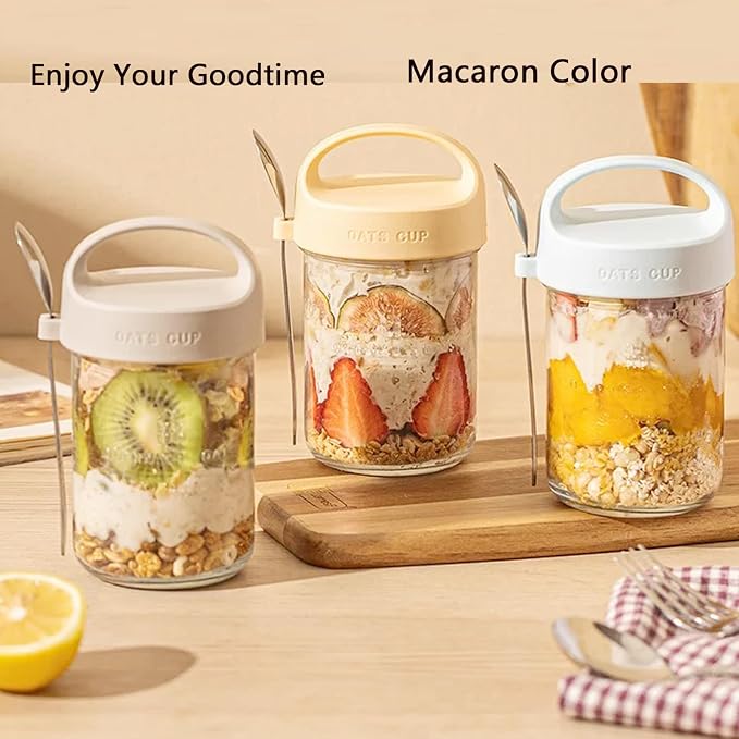 2Pack Overnight Oats Containers with Lids and Handle,14 oz Airtight Oatmeal Container,Mason Jars with Lid for Cereal,Milk,Fruit,Yogurt,On The Go Container,Salad Jars,Glass Jars (Yellow)