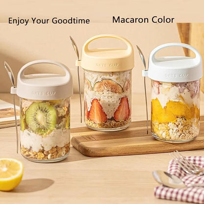 2Pack Overnight Oats Containers with Lids and Handle,14 oz Airtight Oatmeal Container,Mason Jars with Lid for Cereal,Milk,Fruit,Yogurt,On The Go Container,Salad Jars,Glass Jars (Yellow)