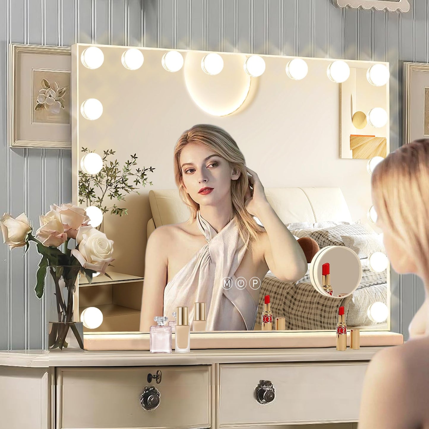 Hollywood Vanity Mirror with Lights, 15 Dimmable Bulbs, 3 Color Lights,Make Up Lighted Mirror, Aluminum Metal Frame, USB Charging Port（23" x 18"）