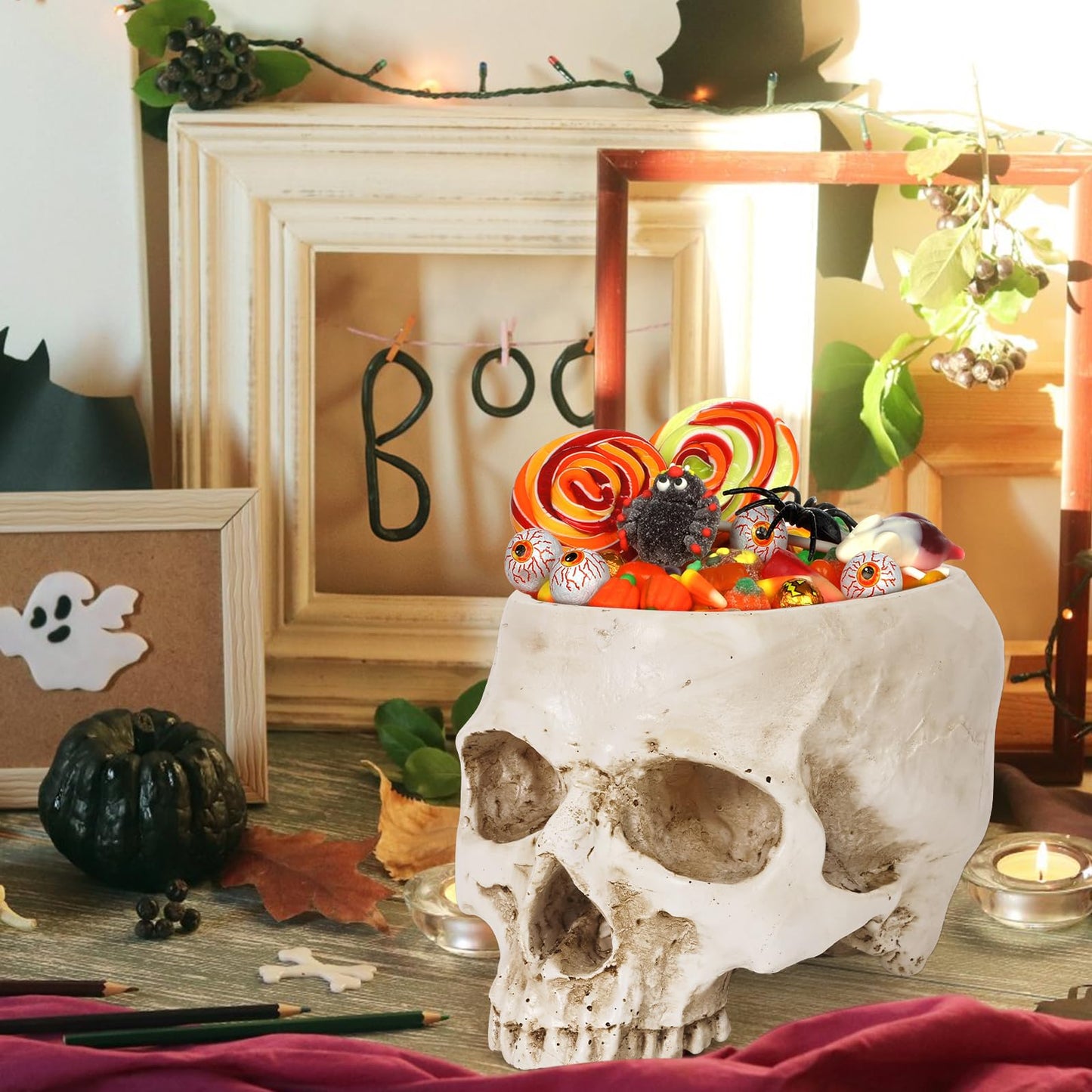 Sinromrich Skull Planter Pot for Plants - Realistic Human Skull Head Flower Pot, Halloween/Gothic Décor, Resin Planter for Succulents, Bonsai, Cactus, Home Bar, Desk, Spooky Gift Idea (Antique White)