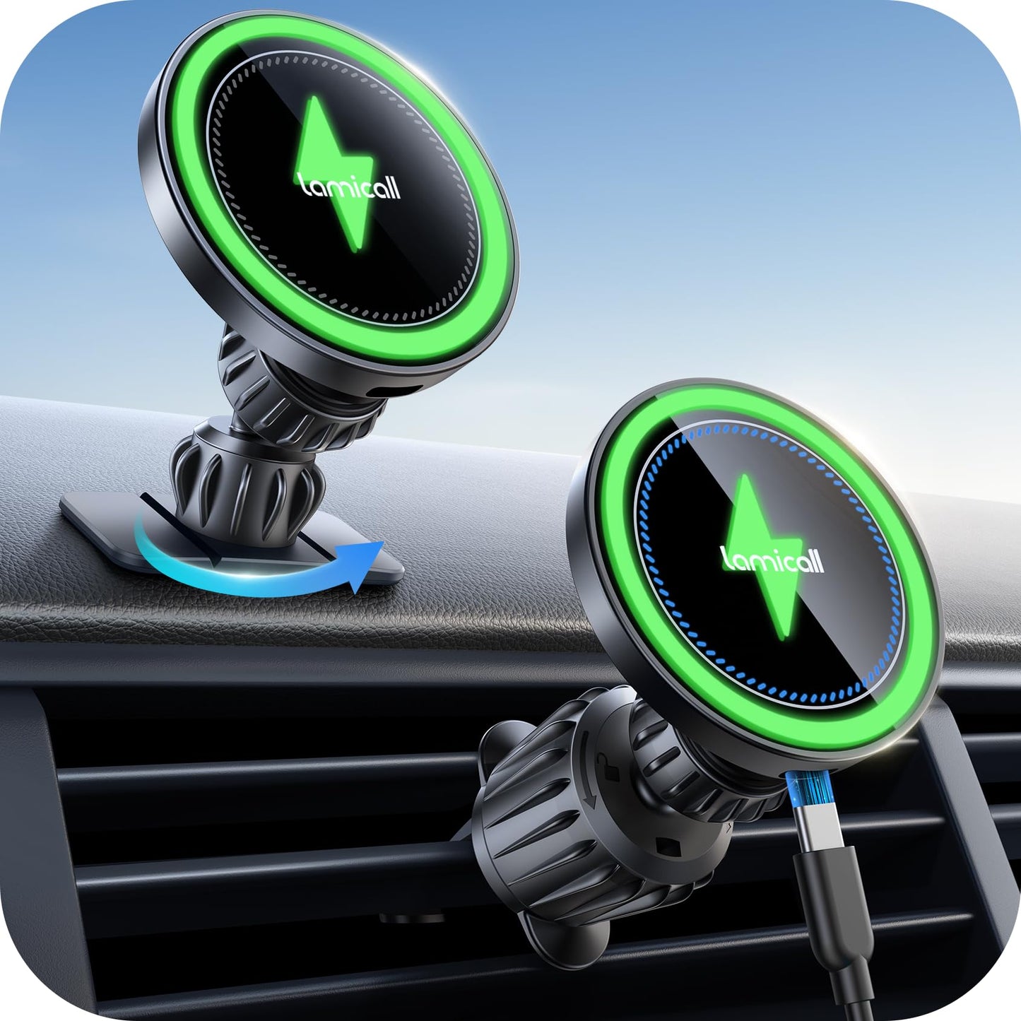 Lamicall 15W for Magsafe Car Mount Charger - [3-in-1 Upgraded Intelligent Chip] 360° Wireless Car Phone Holder Charger Vent Dashboard Magnetic Phone Holders for Your Car for iPhone 16 15 Pro Max