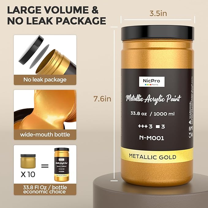 Nicpro Acrylic Paint Metallic Gold, 33.8oz/1000ml Large Gold Leaf Paint