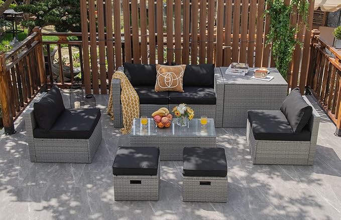 Tangkula 8 Piece Patio Wicker Furniture Set, Patiojoy Space Saving Outdoor PE