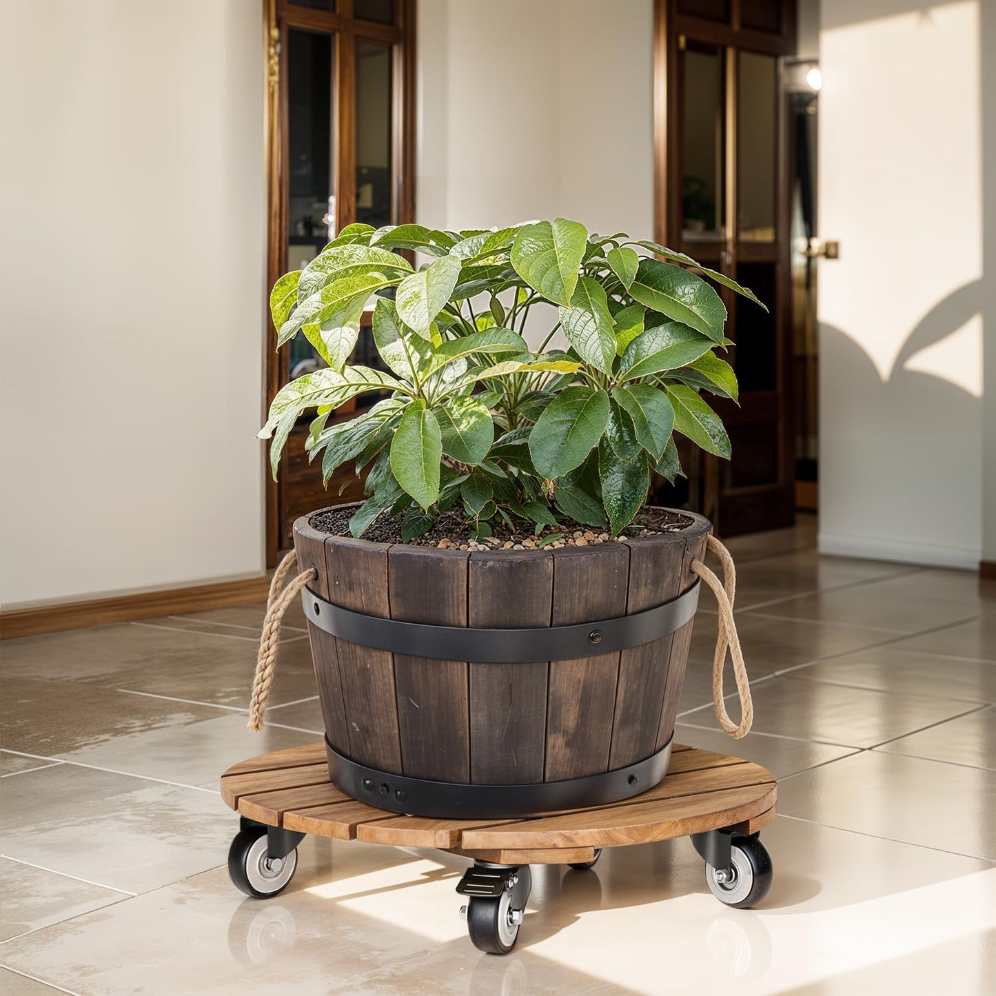 Idzo 2pack 12inches Wood Plant Caddy with Wheels Heavy Duty, 264 Lbs Capacity, Acacia Hardwood Plant Dolly, Plant Stand with 360° Lockable Wheels for Plant Pots, Heavy Objects Hauling - Natural Wood