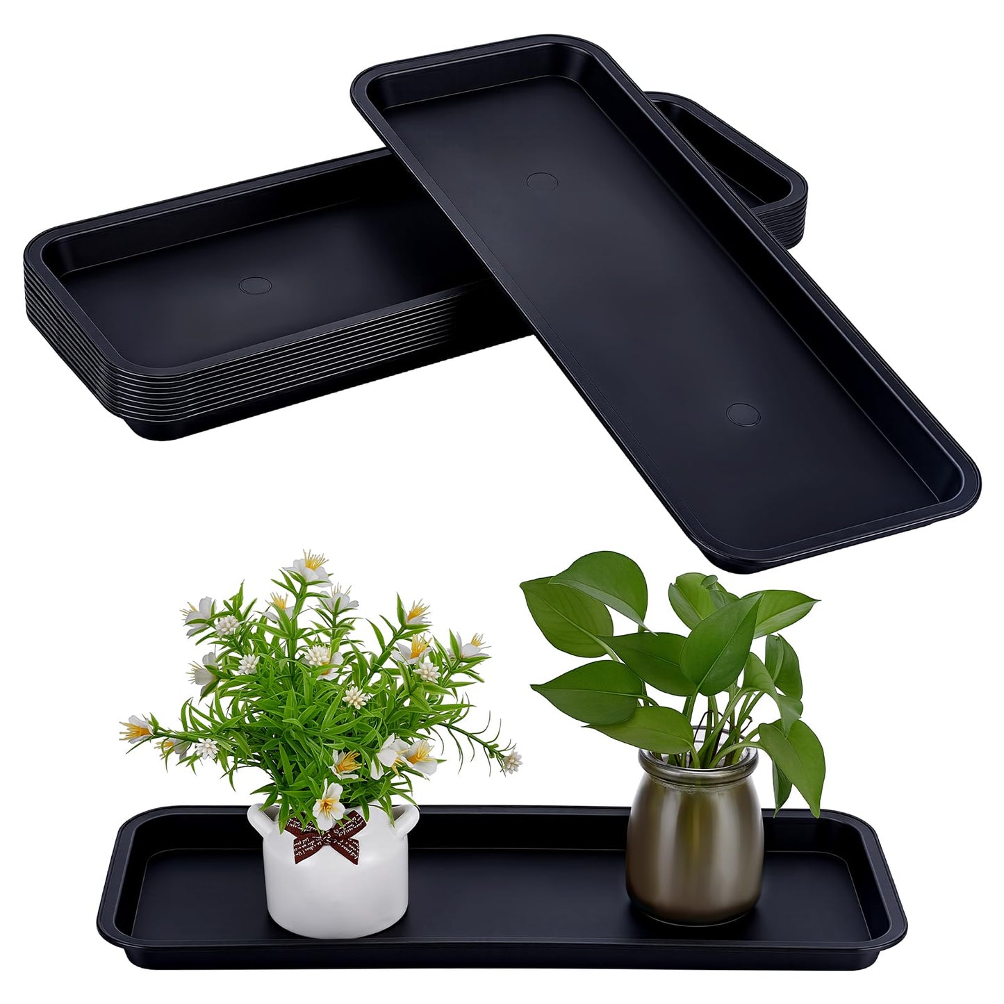 INTERWARM 10 Pack Rectangular Plastic Plant Saucers Tray, 15.67x6Inch Black Plant Water Drip Tray Large Plastic Plants Drip Trays for Indoors Outdoors Flower Pot Garden & Home Decor