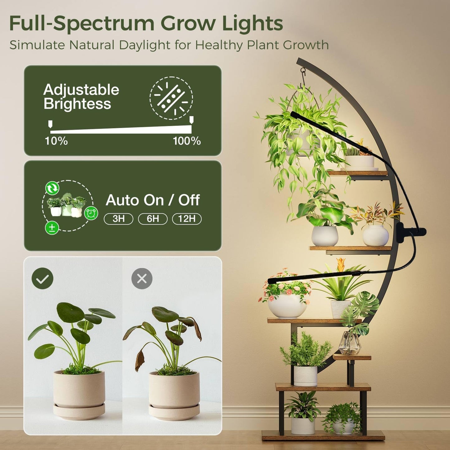 GREENSTELL Plant Stand Indoor with Grow Light, 7-Tiered Tall Metal Plant Stand for Indoor Plants, Half-Moon Shape Display Shelf for Living Room, Balcony, Patio, Brown (2 Pack)