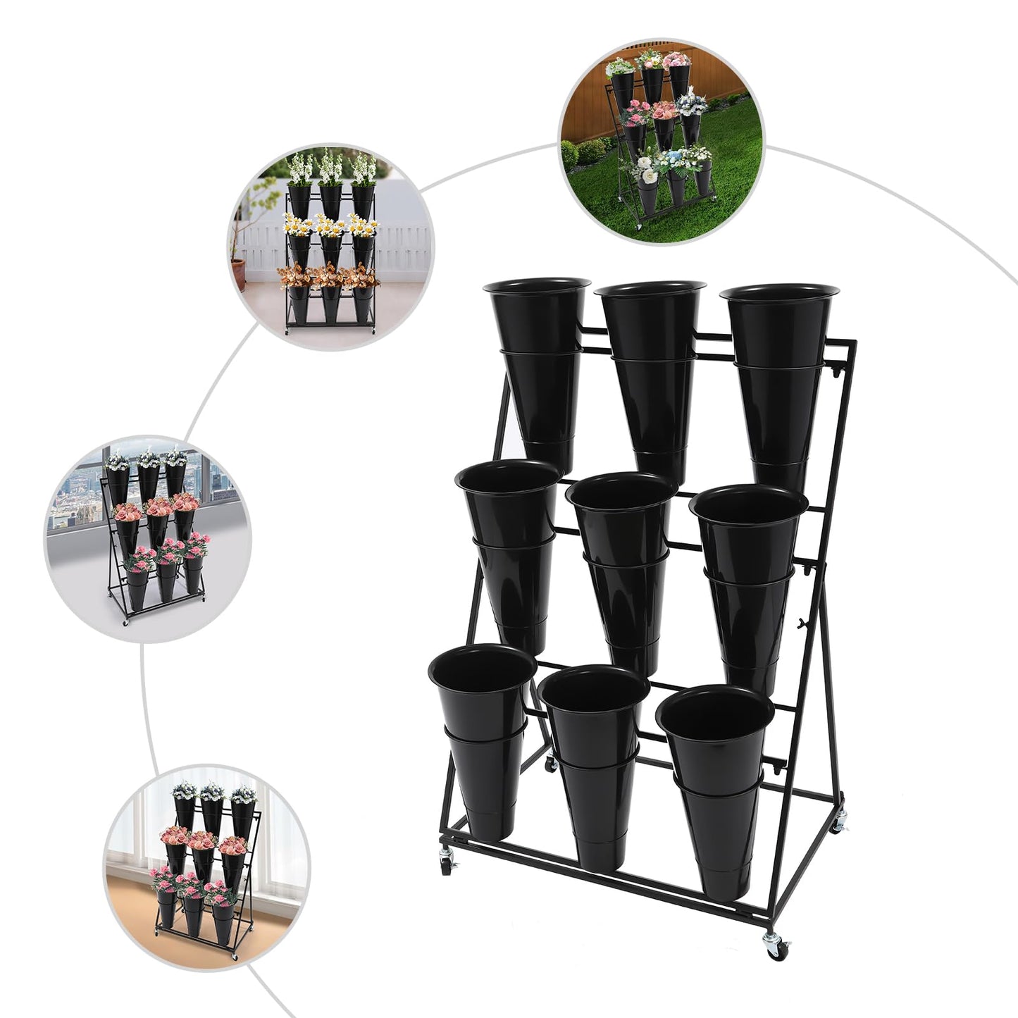 lxrnqcey Flower Display Stand, Moving Plant Cart Shelf Indoor Outdoor Flower Rack with 9Pcs Buckets, 3 Layers Metal Plant Holder with Wheels for Patio Balcony Garden (Black)