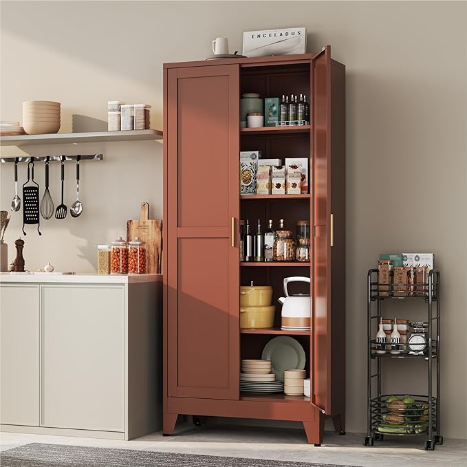 YAUWOH 71''Metal Cabinet with 4 Adjustable Shelves, 5-Tier Pantry Storage