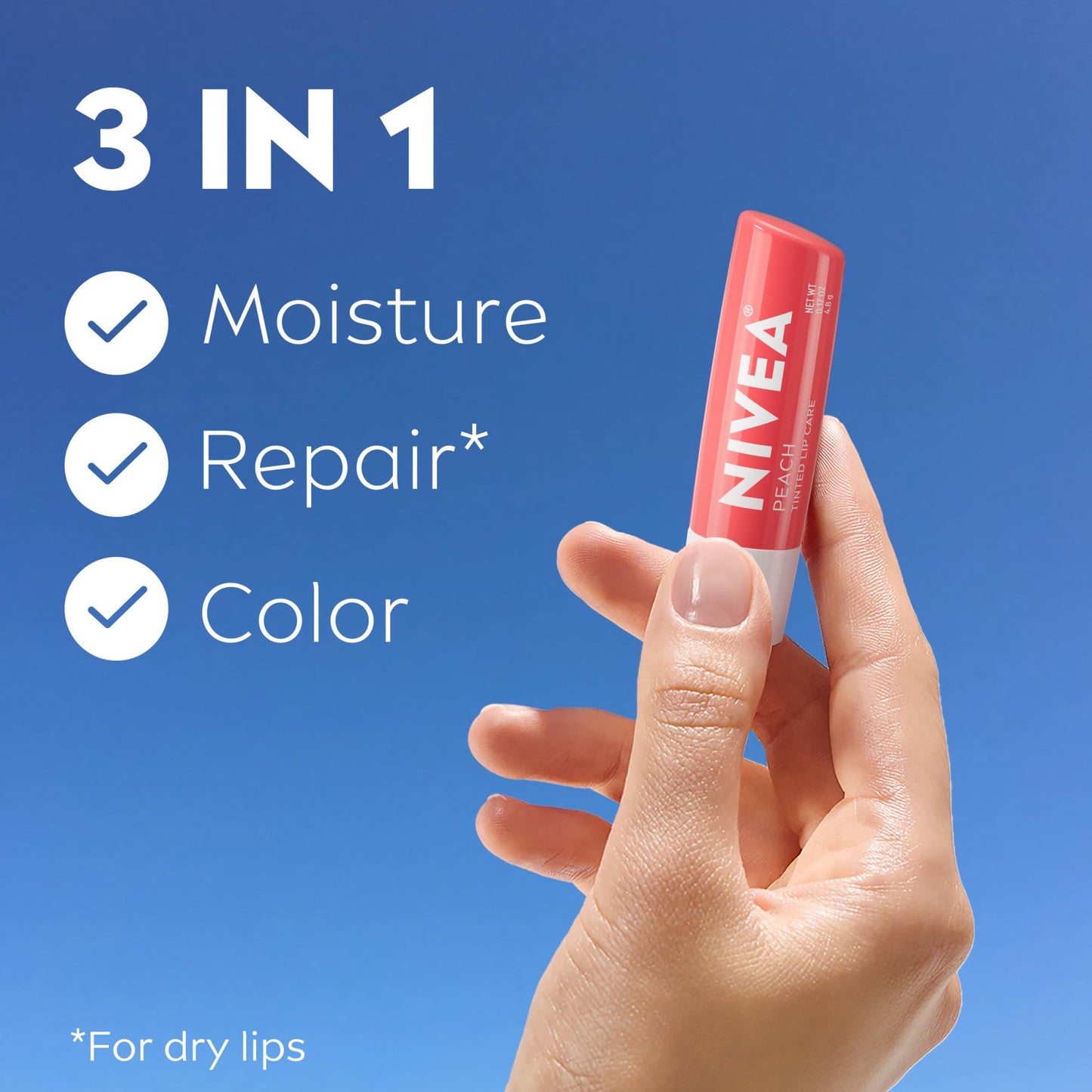 NIVEA Lip Care, Fruity Tinted Lip Balm Variety Pack, Cherry, Strawberry, Blackberry and Watermelon Flavors, 3-in-1 Moisture, Repair and Color, 0.17 Oz Stick, Pack of 4