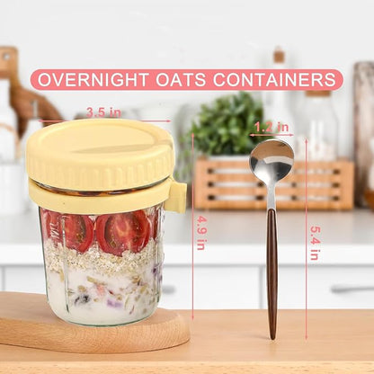 Glass Overnight Oat Containers with Lids & Spoons 10 oz Clear Mason Overnight Oats Jars with Measurement Marks Airtight Leak-Proof Cereal, Milk, Vegetable and fruit Salad Storage Container 2 Packs