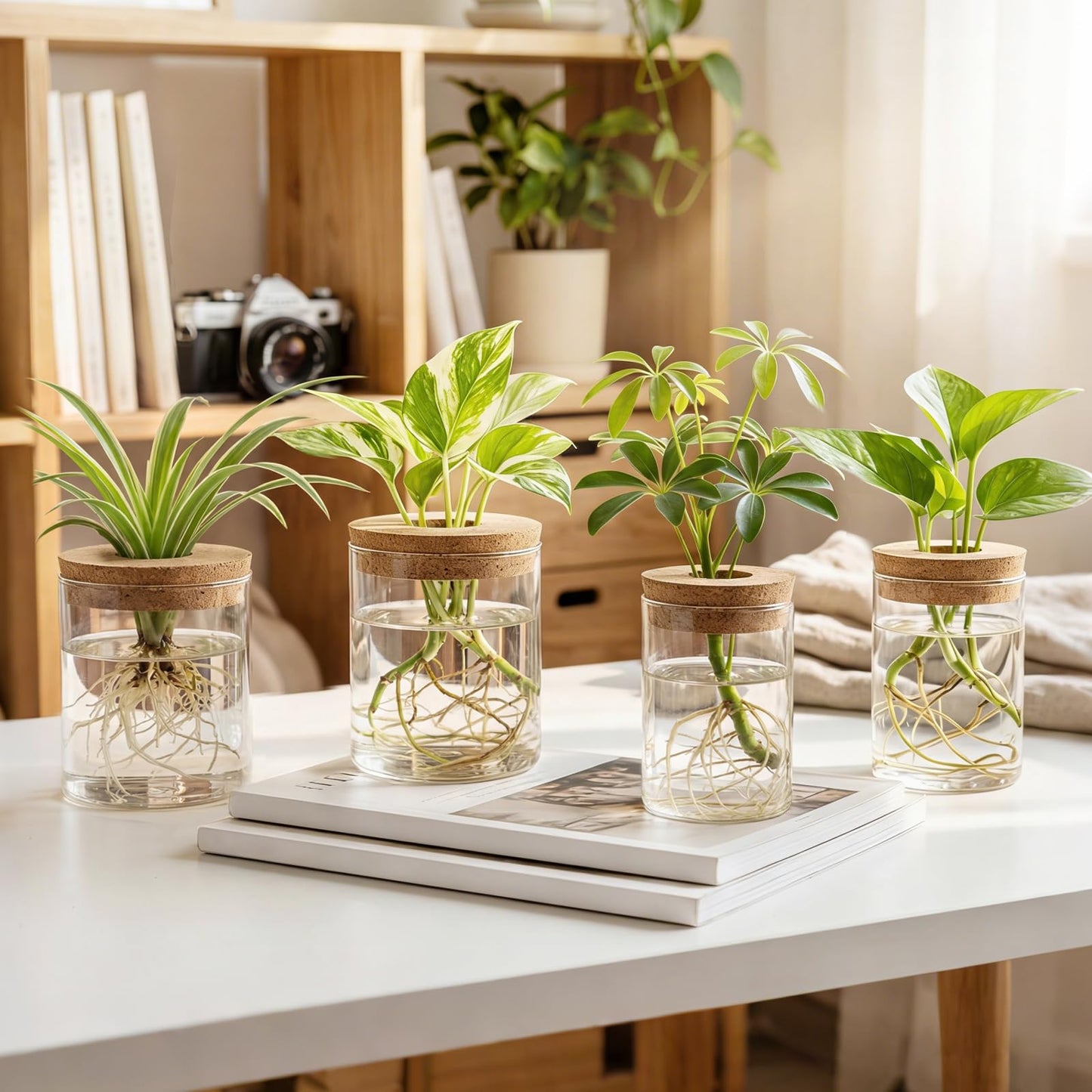 Dahey 4Pcs Glass Plant Propagation Stations Desktop Propagation Vases for Plants, 2 Large Planters Jars & 2 Small Pots Vases for Indoor Hydroponic Plant Cuttings, Living Room Home Office Bedroom Decor