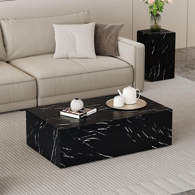 Coffee Table Living Room Table, Modern Black Faux Marble Center Couch Table