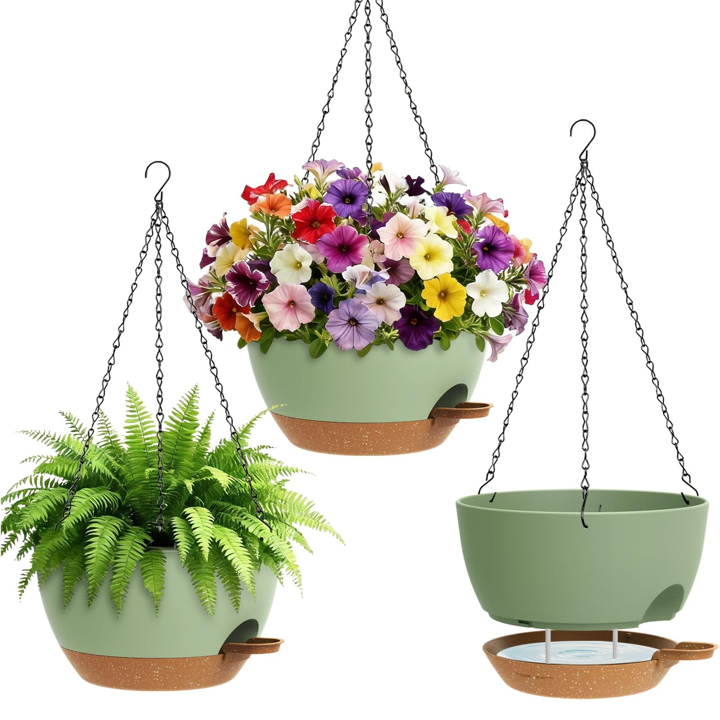 UOUZ Set of 3-10 Inch Self Watering Hanging Planters for Indoor & Outdoor，Hanging Plant Pots with Drainage & Removable Tray, Hanging Pots Holder for Ivy, Ferns, Balcony & Patio, Green and Brown