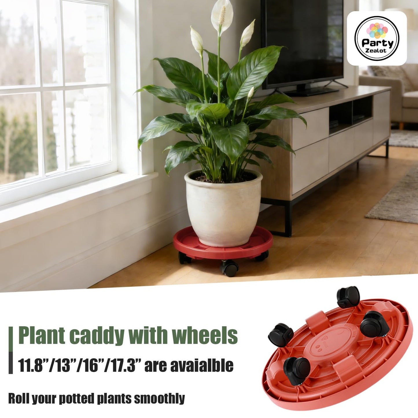 5-pack 11.8" Large Plant Caddy with Wheels Plastic Plant Dolly with Caster Flower Pot Mover Rollers Wheeled Rolling Plant Stands Round Plant Saucer Indoor Outdoor Base Coasters,Terracotta red