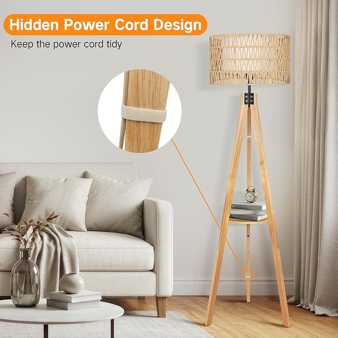 OUTON Boho Rattan Tripod Floor Lamp