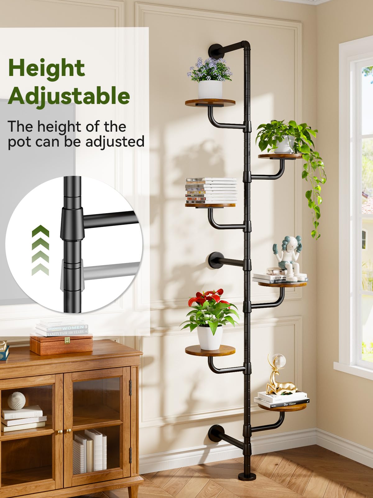 CYXPHION Plant Stand Indoor, 6-Tier Plant Shelf, Tall Wall Mounted Metal Pole & Rotating Wooden Board Plant Holder for French Window, Corner, Home Decor - C5
