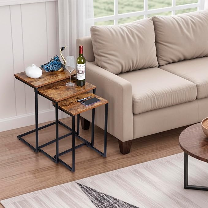 SUPER DEAL Nesting Tables Set of 3, Industrial C Shaped End Table Stackable
