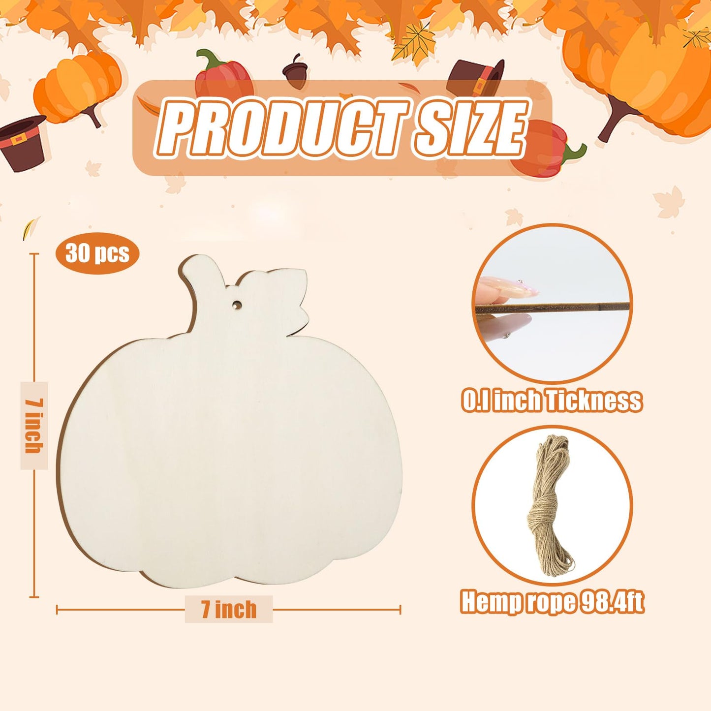 kuchisity Large Size 7" Wooden Pumpkin Cutouts 30 PCS, Unfinished Fall Wooden Ornaments DIY Blank Pumpkin Slices Crafts for Thanksgiving Halloween Party Home Decoration