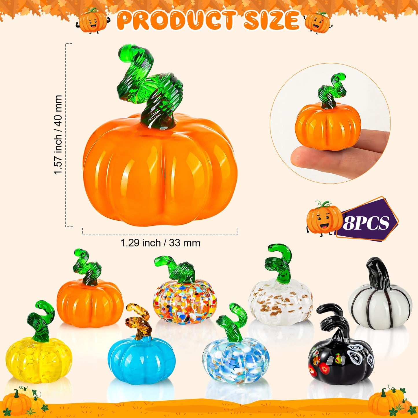 ALDMIO 8 Pcs Blown Glass Mini Pumpkin Decor, Mini Halloween & Thanksgiving Figurines, Glass Pumpkin Decorations for Fall & Harvest