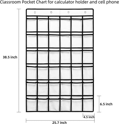 2 Pack 36 Pockets Classroom Pocket Chart for Cell Phone Calculator Holder,Clear Pocket Chart Organizer for Classroom Cellphone Storage with 36 Number Sticker Size:38.5x25.7 Inch (White-2pack)