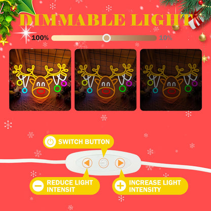 Christmas Reindeer Neon Sign Dimmable Elk Neon Light Sign for Wall Decor Christmas Neon Window Lights, Deer Neon Sign for Bedroom Living Room LED Reindeer Christ-mas Party Decoration
