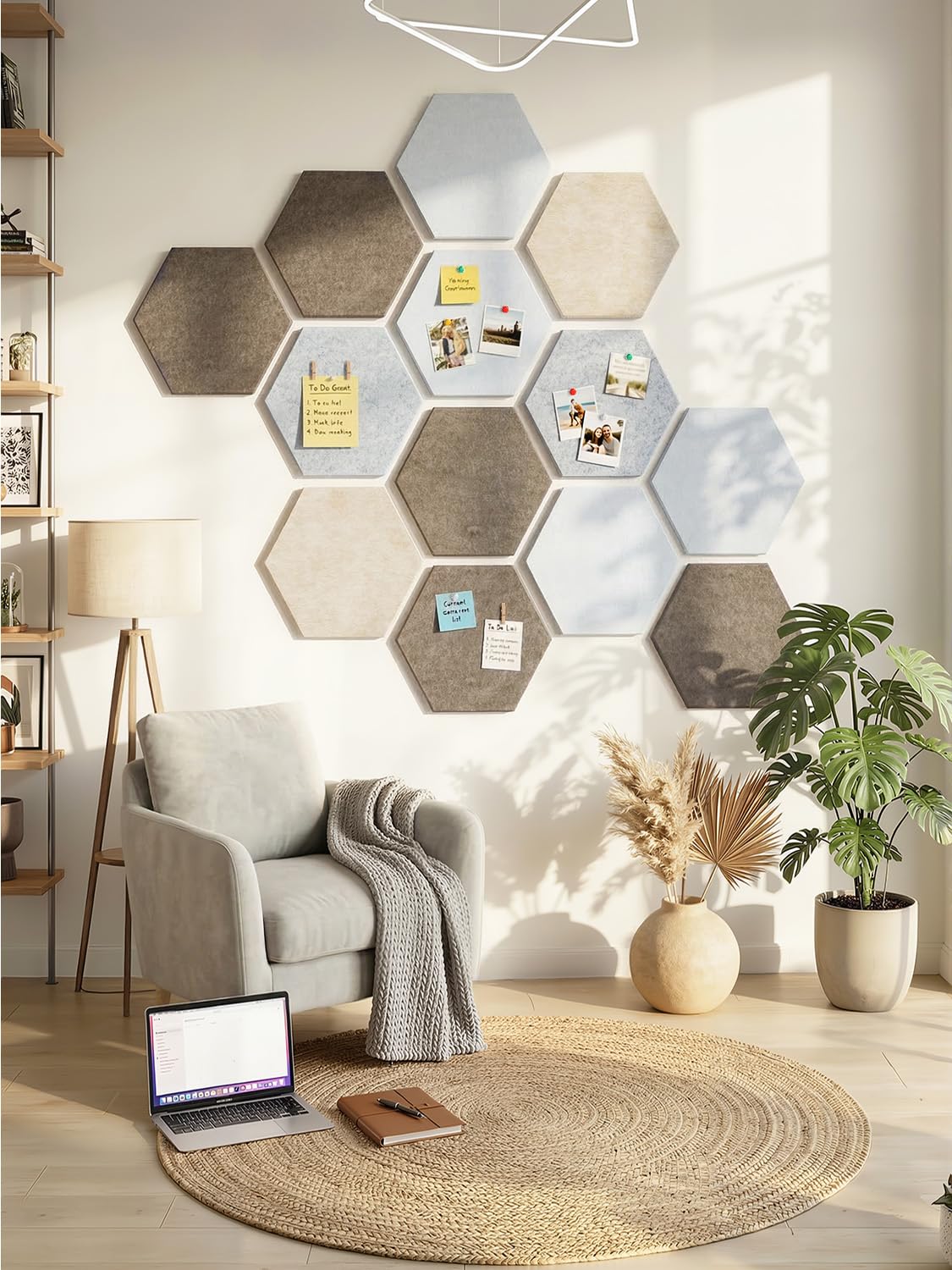 Uoisaiko 8 Pack Hexagon Felt Bulletin Board Tiles - 12" Large Thick Pin Board for Walls with 30 Push Pins, DIY Boards for Office Home School Decor, Aesthetic Hex Cork Board Alternative