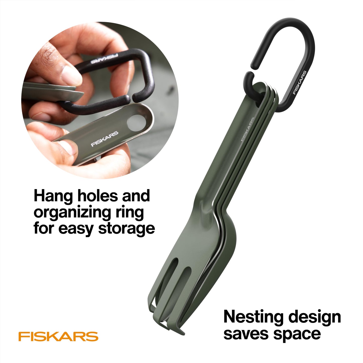 Fiskars 3-Piece Plant Cultivating Tool Set, Nesting Trowel, Soil Scoop & Cultivator for Indoor Gardening, Stainless Steel with Green Powder Coat Finish, Space Saving Design for Repotting Houseplants