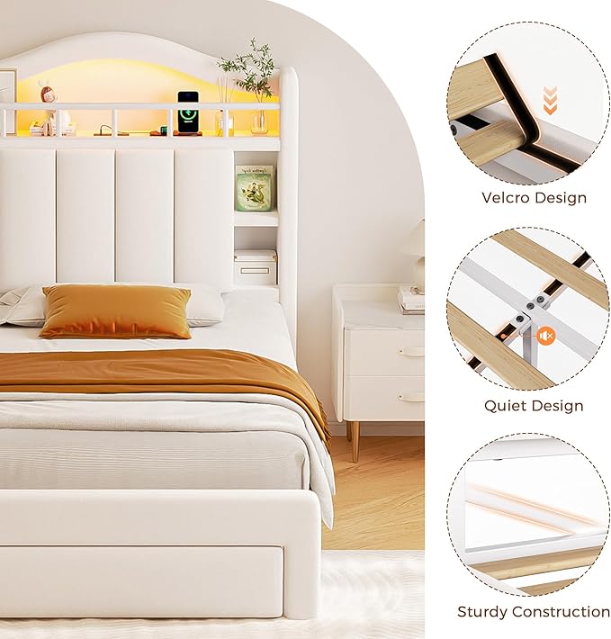 Twin Size Bed Frame with LED Storage Headboard & 2 Storage Drawers, Velvet