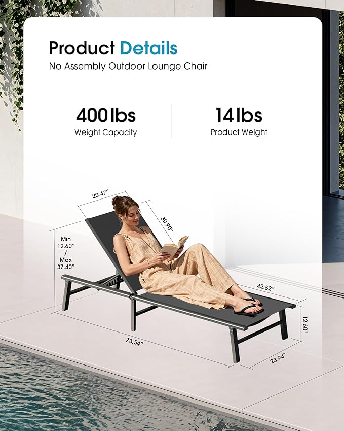 Ciokea Foldable Outdoor Lounge Chair Set of 4, No Assembly Aluminum Chaise