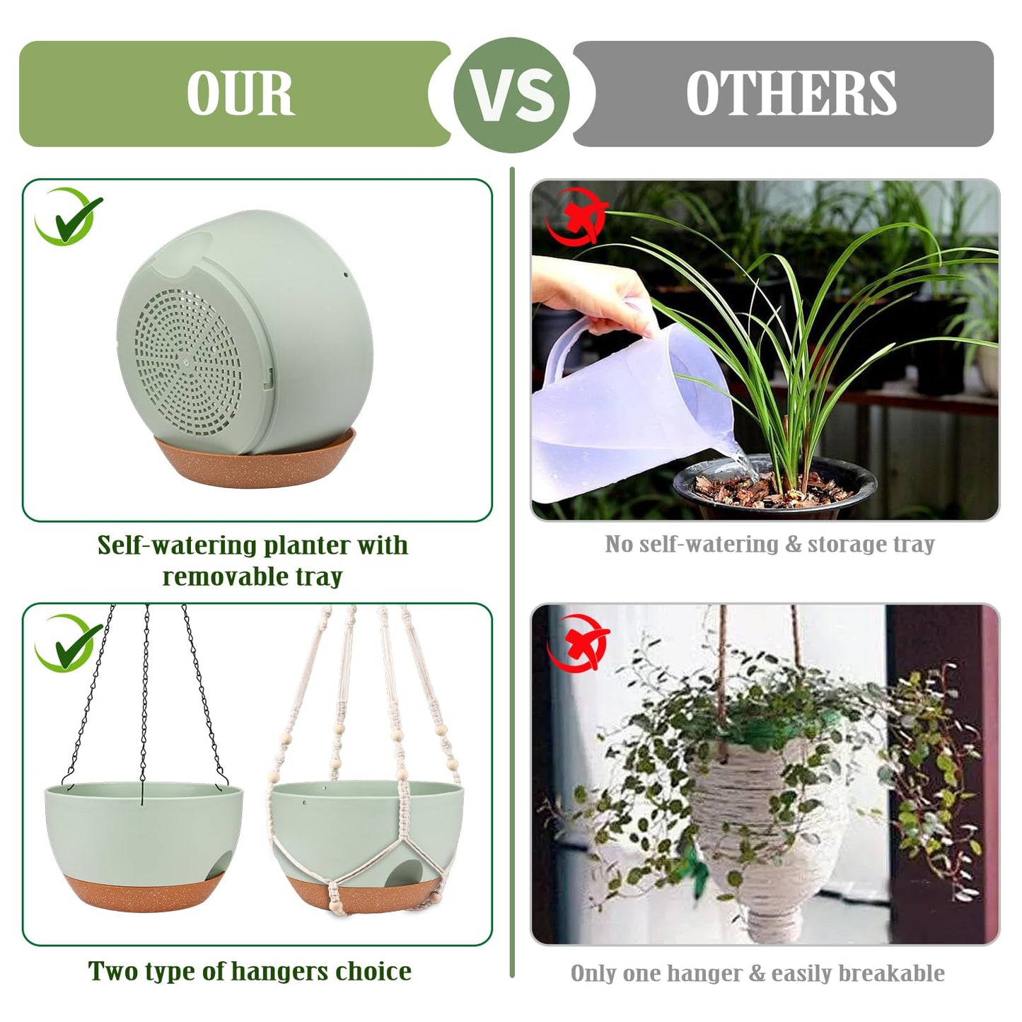 Lucieblessdesign Hanging Planters for Outdoor Indoor Plants, 2 Pack 12 Inch Hanging Basket Plants Outdoor, Self Watering Hanging Planter with Plant Hanger for Garden Home Decoration (Green)