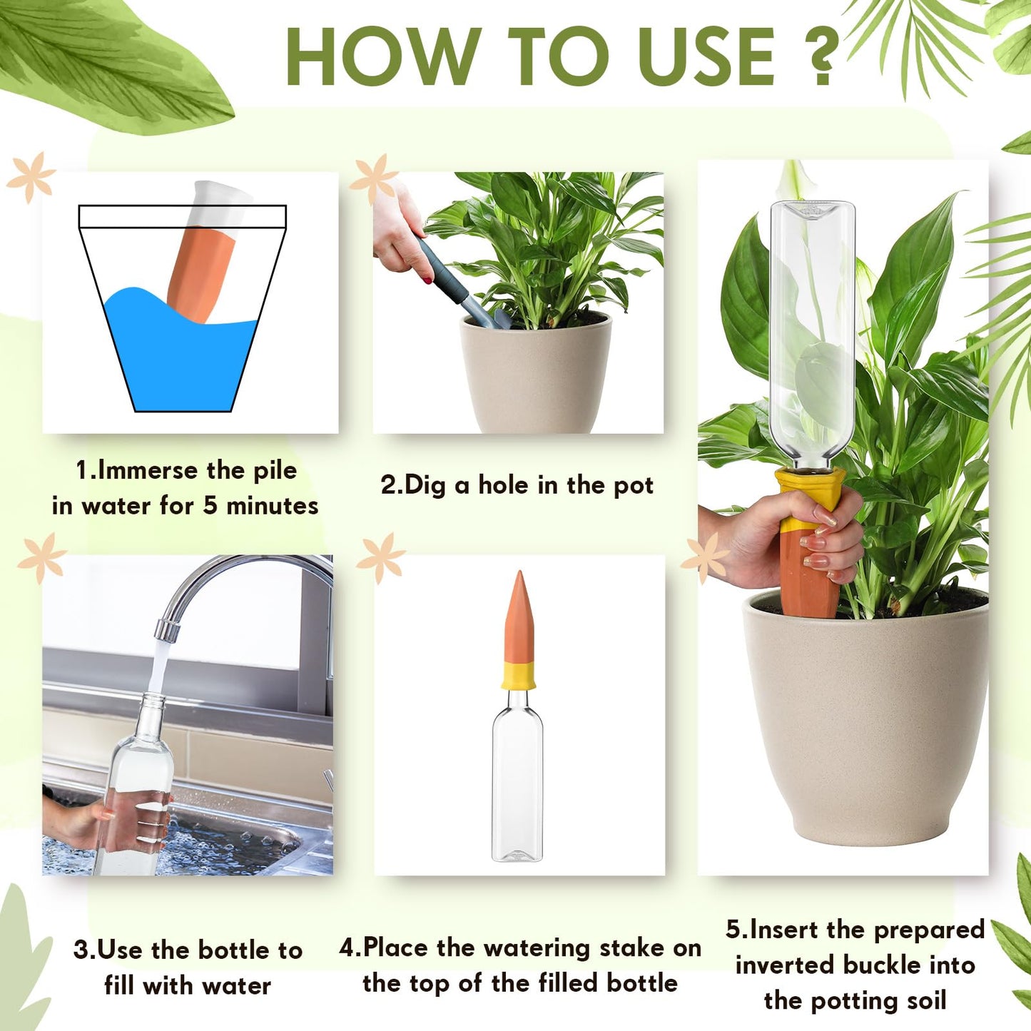 Ziliny 4 Pack Terracotta Watering Spikes Devices, Plant Self Watering Spikes with 25 oz Plastic Wine Bottles, Slow Release Vacation Insert Plant Waterer Devices for Indoor Outdoor