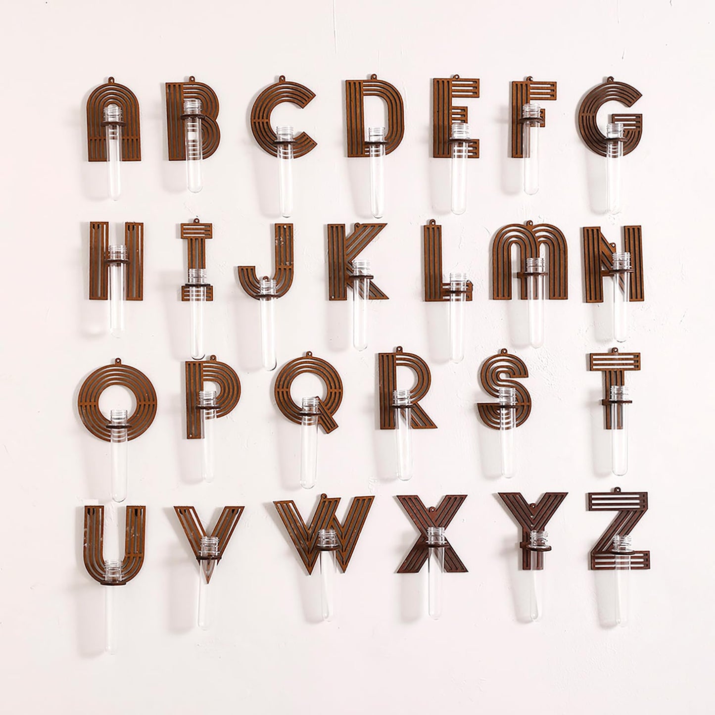 5 Pack Letter Wall Propagation Planters Test Tubes Wall Decor for Hanging Plants Clear Water Plant Vase Brown Wood Upletter Alphabet Functional Art Boho Set Dream