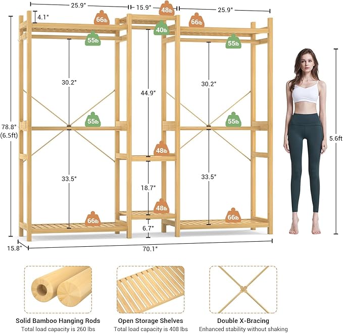 Homykic Bamboo Closet System Clothes Rack, Large Freestanding Garment Rack